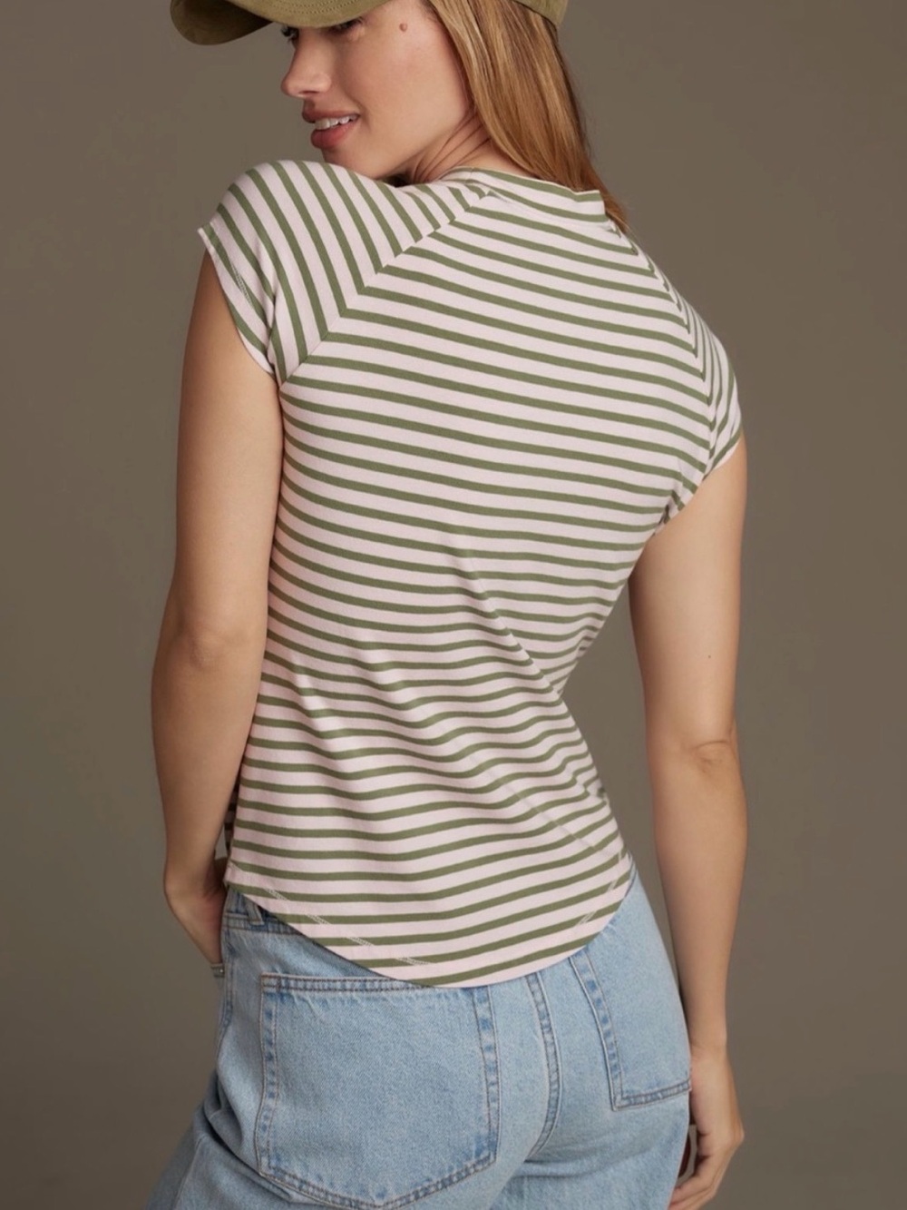 Pilcro Olive Green and Blush Pink Striped Cap-Sleeve Tee Size L Anthropologie - Picture 7 of 7